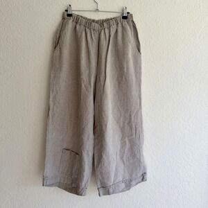 FLAX 100% Linen Wide Leg Crop Pants Small Beige Pull On Lagenlook Casual Pockets